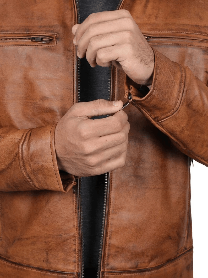 Men's Distressed Brown Bomber Leather Jacket with Hood