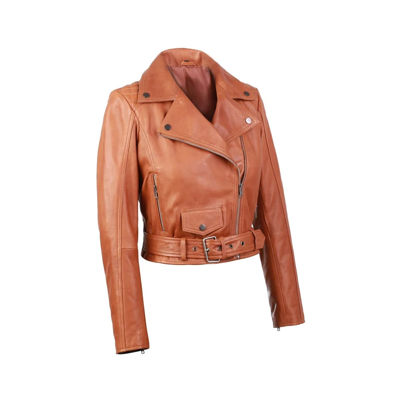 Womens Cropped Moto Style Real Sheepskin Red Leather Biker